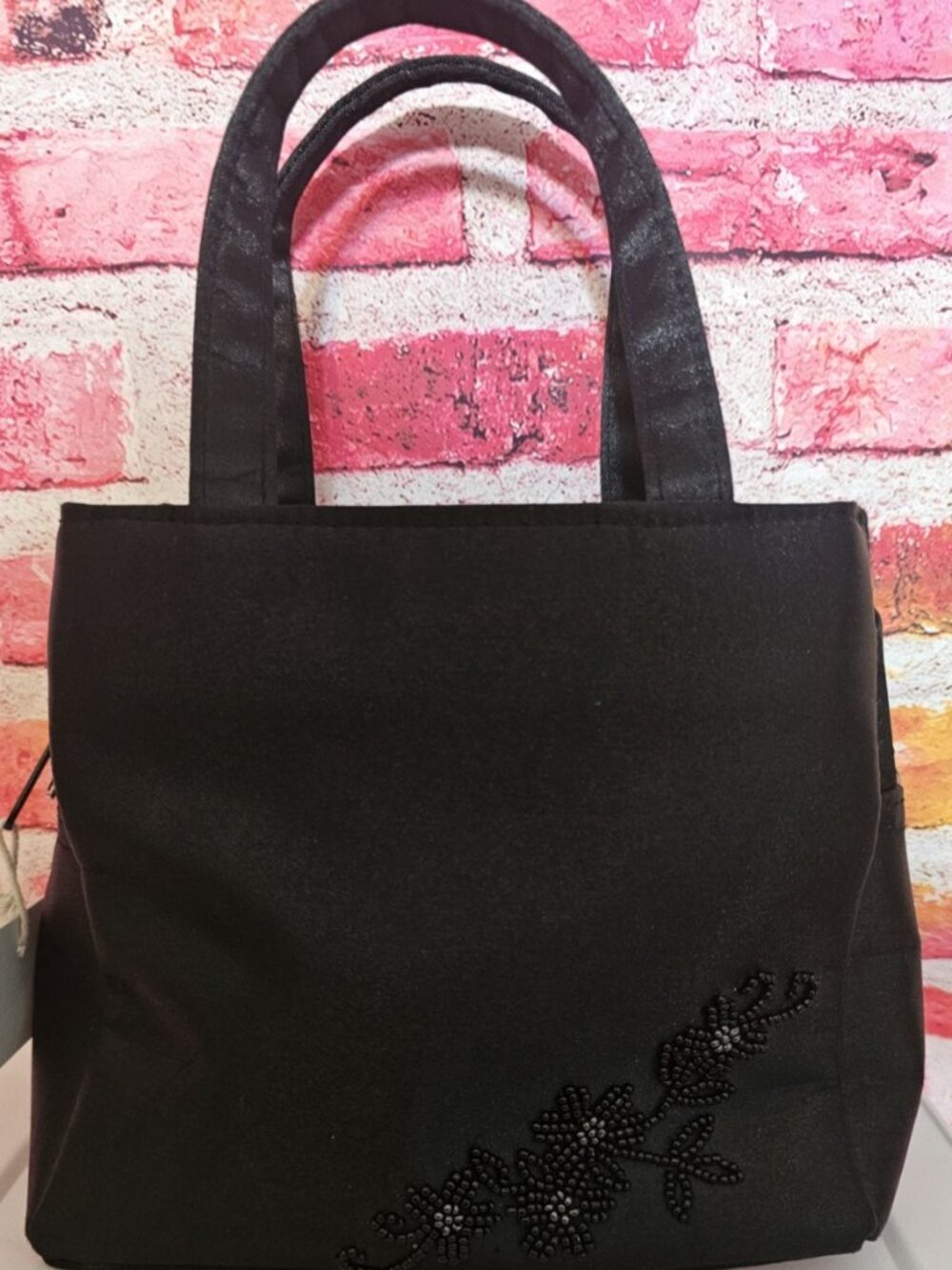 Ultra Black Satin Evening Handbag Beaded Floral Rose Purse